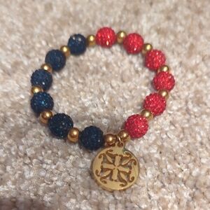 Sparkling Red & Navy Beaded Bracelet with Gold Charm